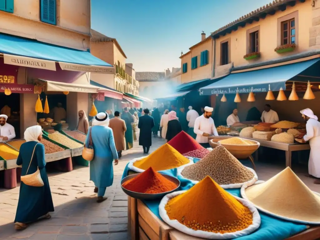 Un bullicioso mercado francés con productos árabes, fusionando sabores en la gastronomía francesa bajo un cielo azul