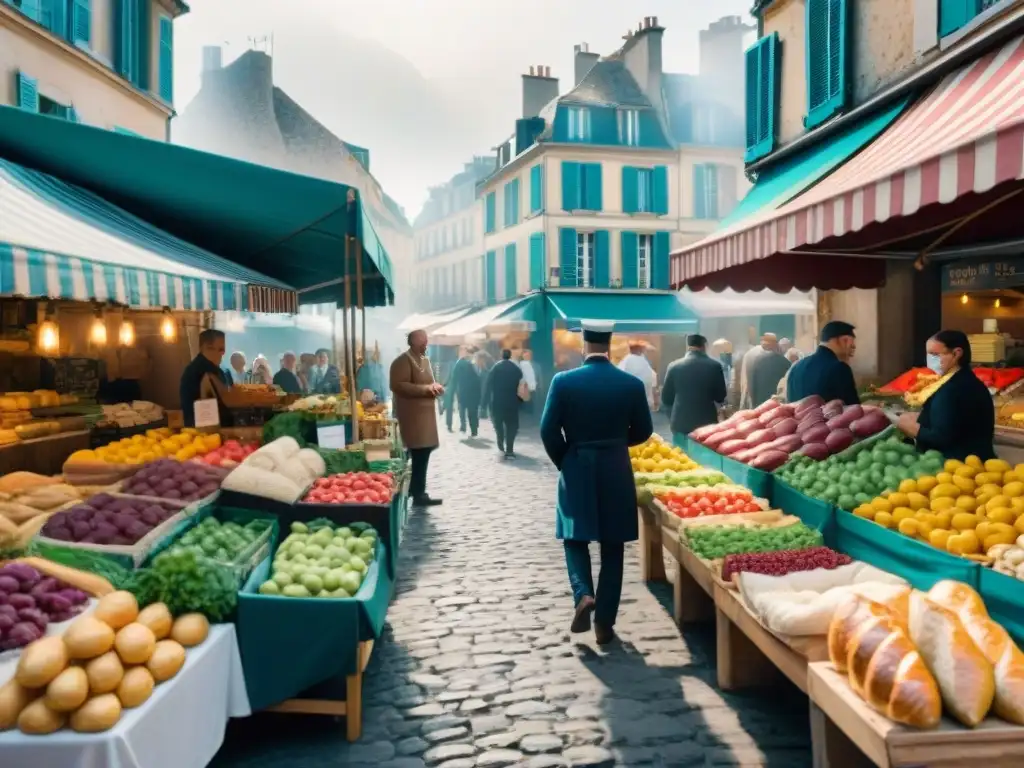 Un bullicioso mercado francés con productos frescos y coloridos bajo toldos a rayas, mostrando la innovación culinaria francesa global