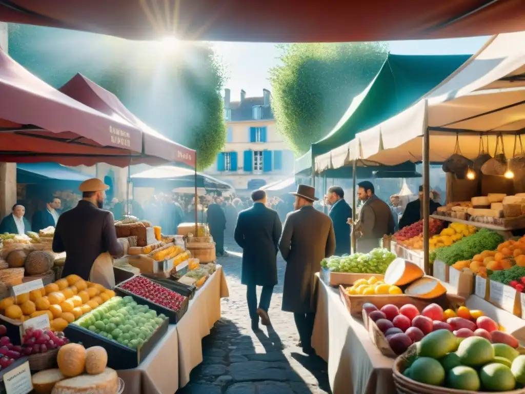 Un bullicioso mercado francés con productos coloridos y una atmósfera auténtica