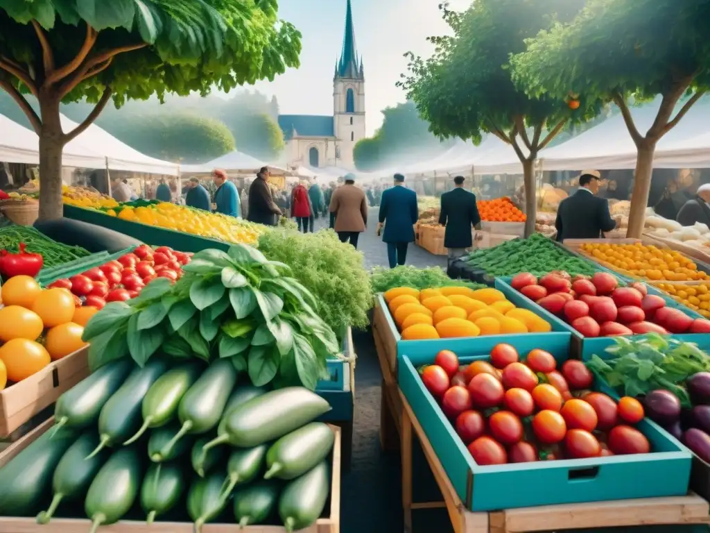 Un bullicioso mercado francés con productos frescos y coloridos, gente variada y un encantador pueblo al fondo