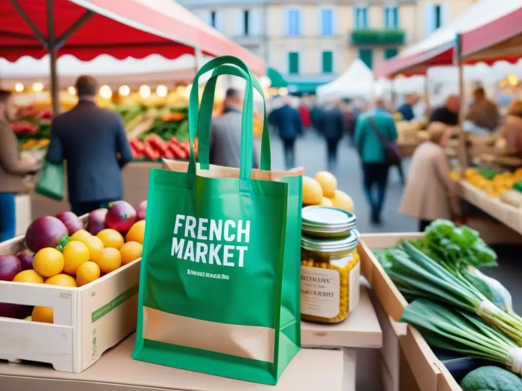 Un bullicioso mercado francés con productos en envases sostenibles y clientes de todas las edades