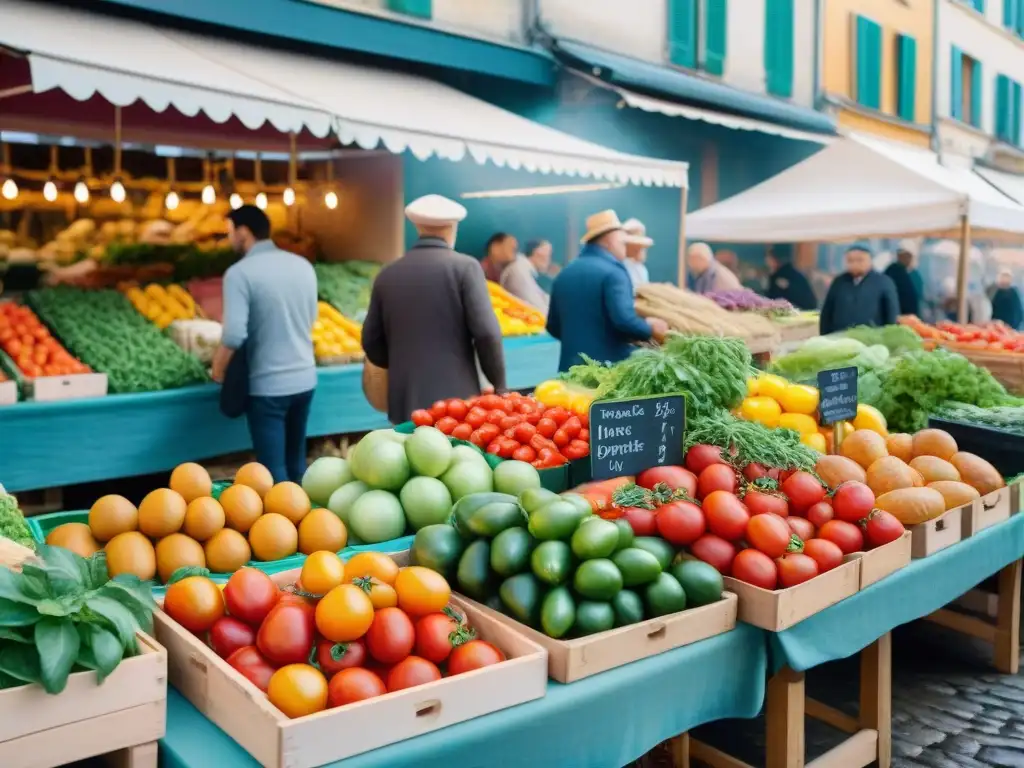 Un bullicioso mercado francés con puestos de productos frescos, como tomates, hierbas, bayas y baguettes