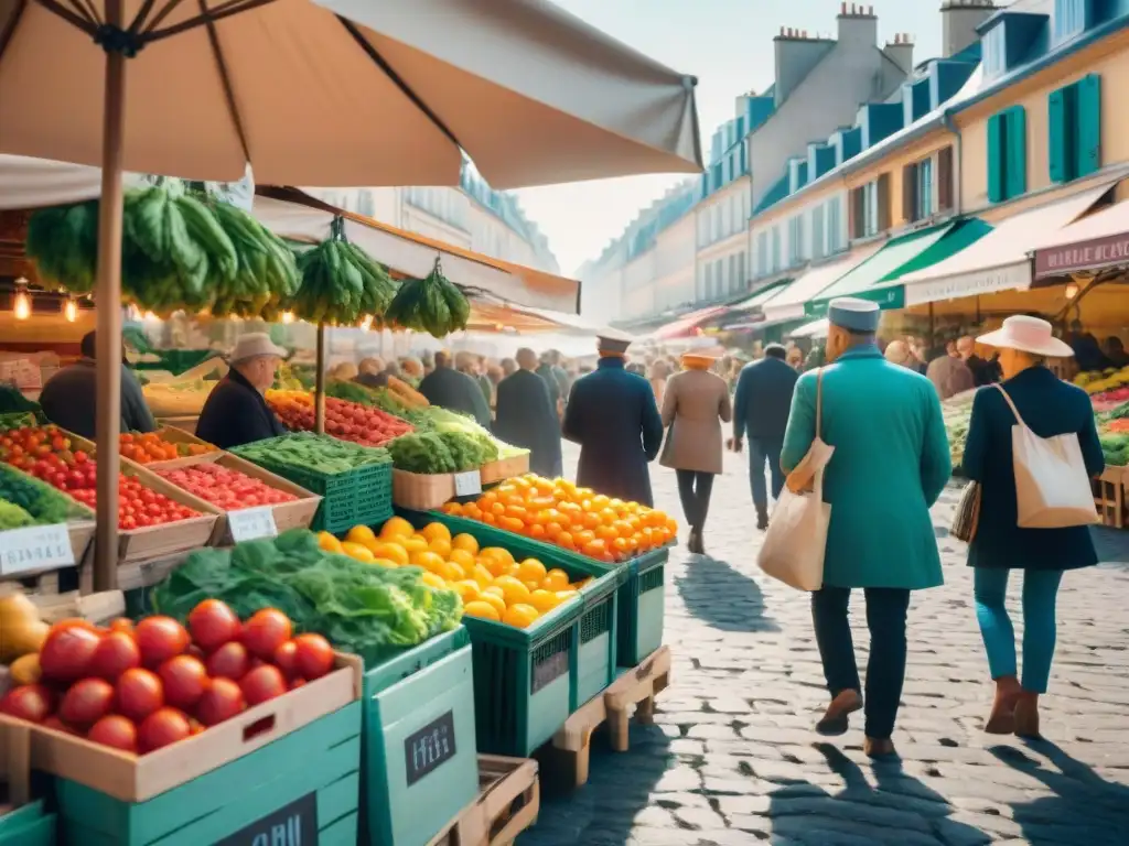 Un bullicioso mercado francés con puestos de frutas y verduras coloridas, promoviendo la reducción del desperdicio alimentario