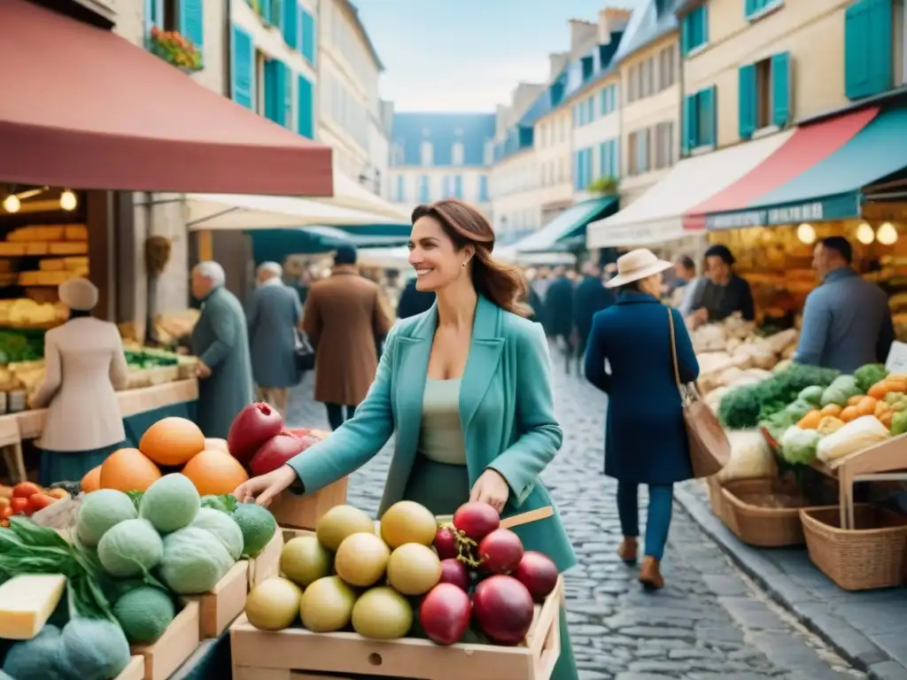 Mercado francés vibrante: colores, sabores y comunidad Un bullicioso mercado francés con puestos coloridos rebosantes de productos frescos, escenas de la vida diaria y deliciosa comida saludable