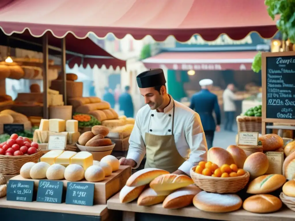 Un bullicioso mercado francés rebosante de productos locales coloridos como quesos maduros, pan fresco y frutas y verduras