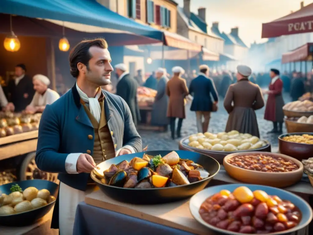 En un bullicioso mercado francés durante la Revolución Francesa, la gastronomía revolucionaria influye en la cultura culinaria