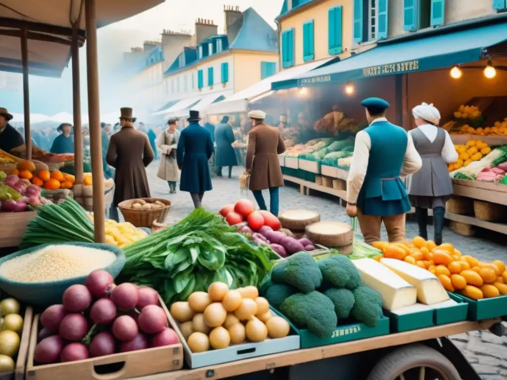 Un bullicioso mercado francés de la Revolución, con ingredientes frescos y gente en interacción