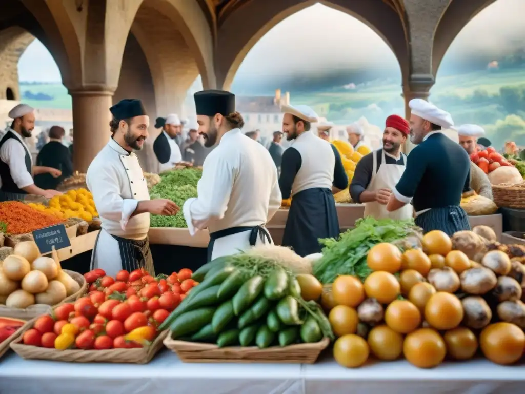 Un bullicioso mercado francés del siglo XVI rebosante de ingredientes frescos como tomates, hierbas y setas, con chefs en trajes renacentistas