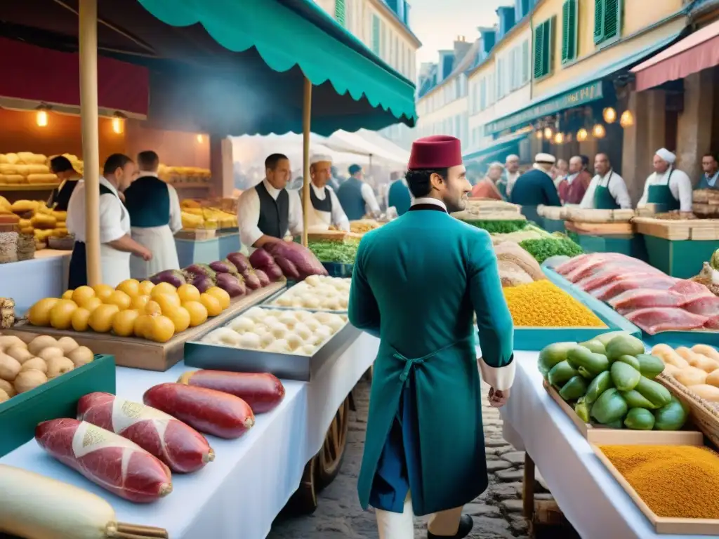 Un bullicioso mercado francés del siglo XVIII, mostrando la transformación cocina francesa postrevolucionaria