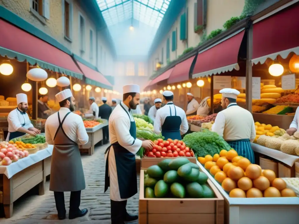 Un bullicioso mercado francés del siglo XIX, fusionando ingredientes tradicionales con influencias exóticas