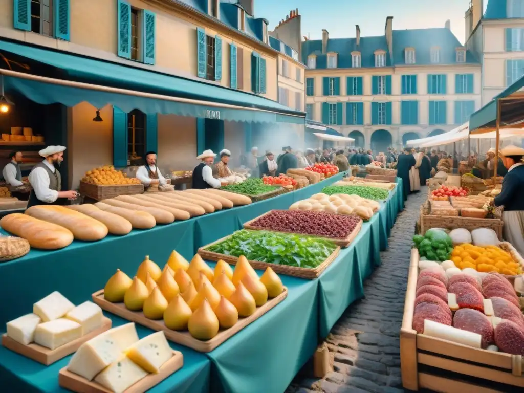 Un bullicioso mercado francés del siglo XVIII durante la Revolución, repleto de ingredientes vibrantes y coloridos