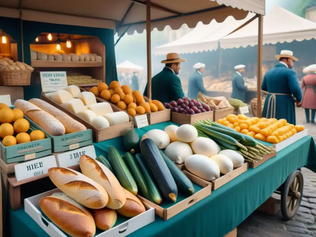 Un bullicioso mercado francés del siglo XIX rebosante de ingredientes tradicionales