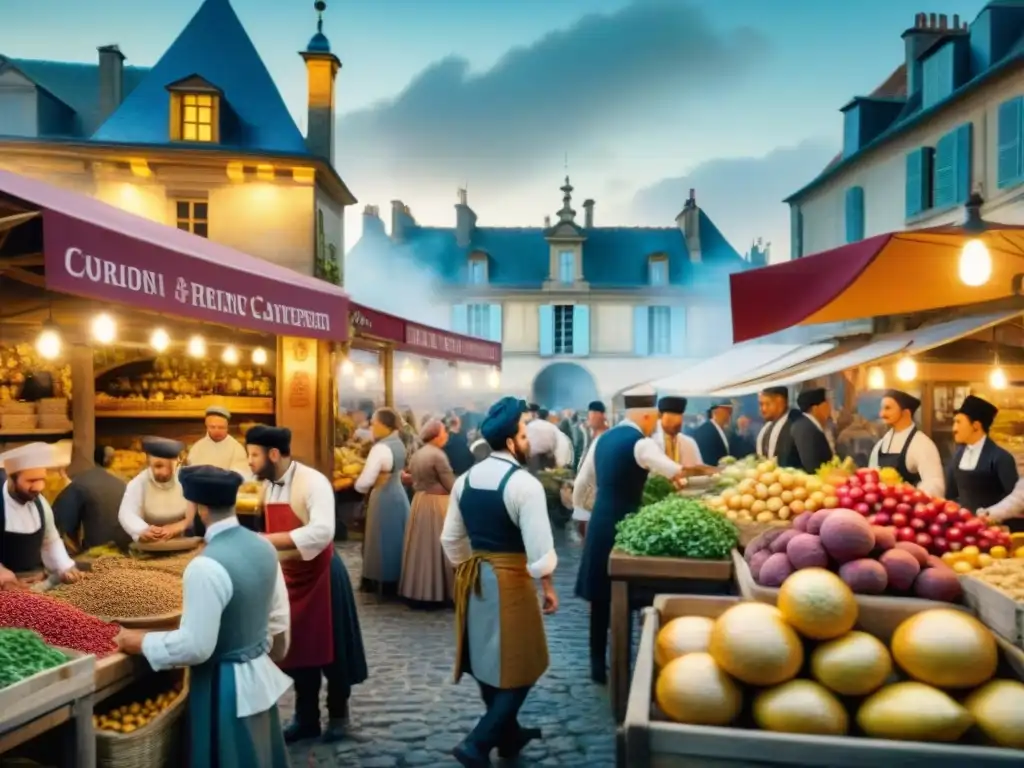 Un bullicioso mercado francés del siglo XVIII, con influencias globales impactando la cocina francesa