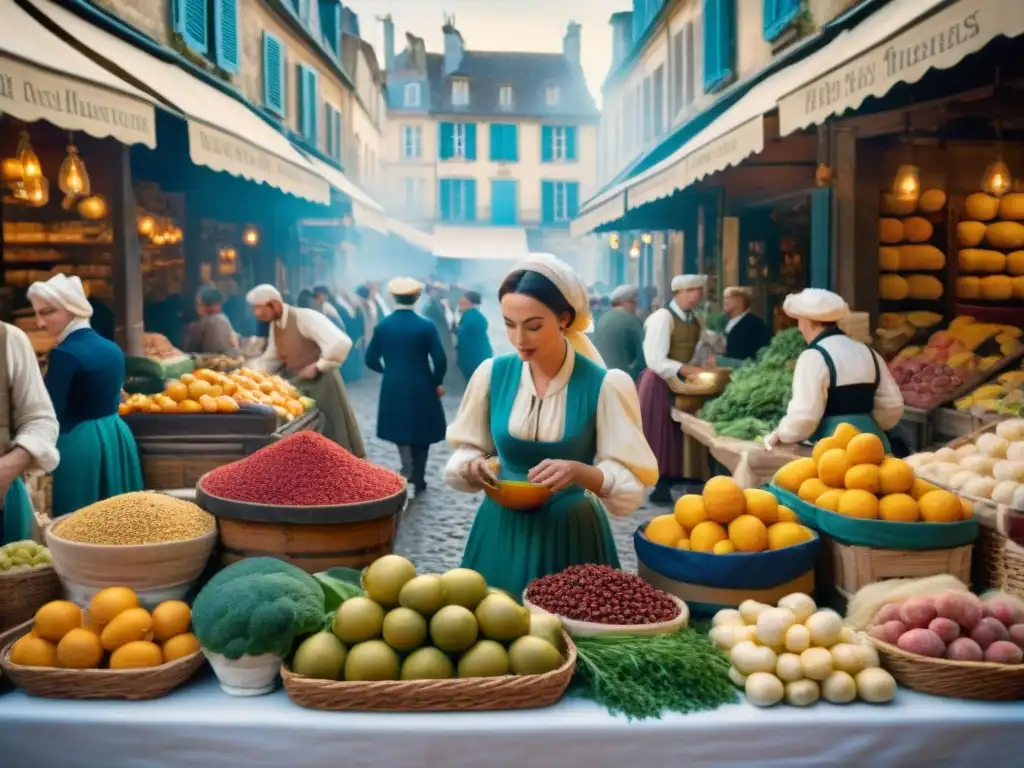 Un bullicioso mercado francés del siglo XVIII con ingredientes que transformaron la gastronomía durante la revolución francesa