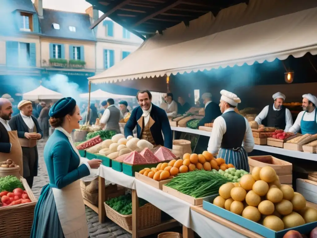 Un bullicioso mercado francés del siglo XVIII muestra la influencia cultural de la Revolución Francesa en la gastronomía