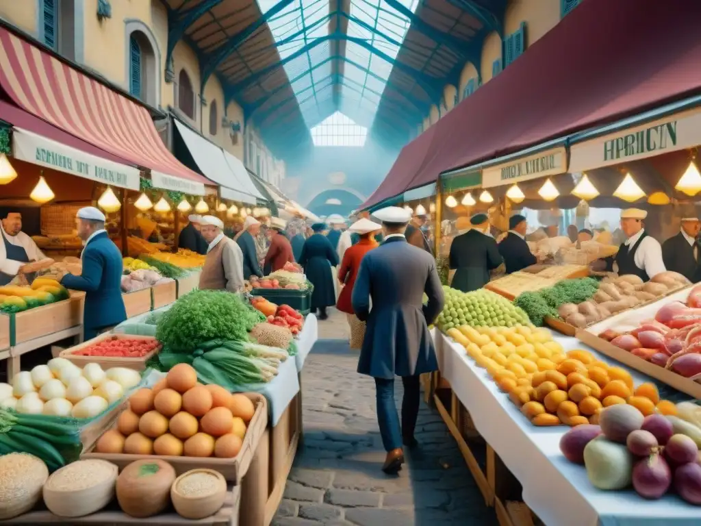 Un bullicioso mercado francés del siglo XVIII con ingredientes frescos y coloridos, vendedores y clientes en transacciones animadas