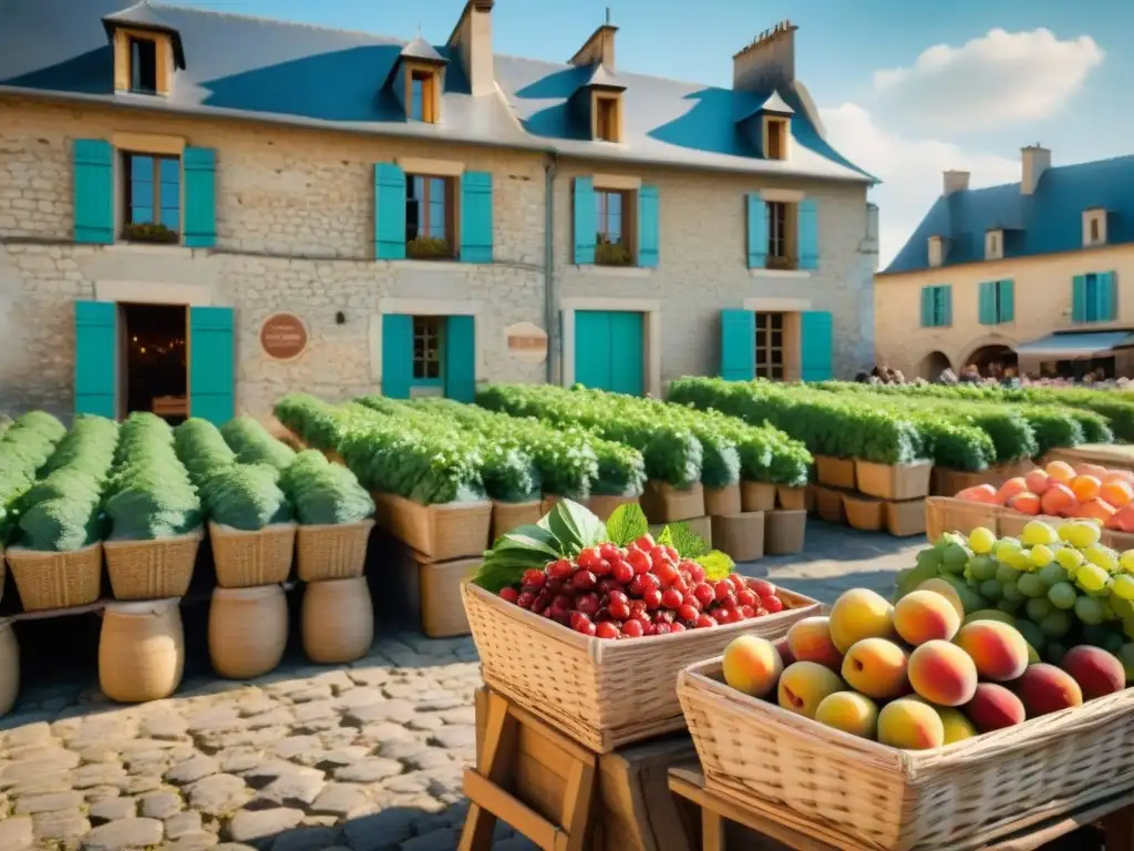 Un bullicioso mercado francés en el Valle del Loira rebosante de frutas vibrantes