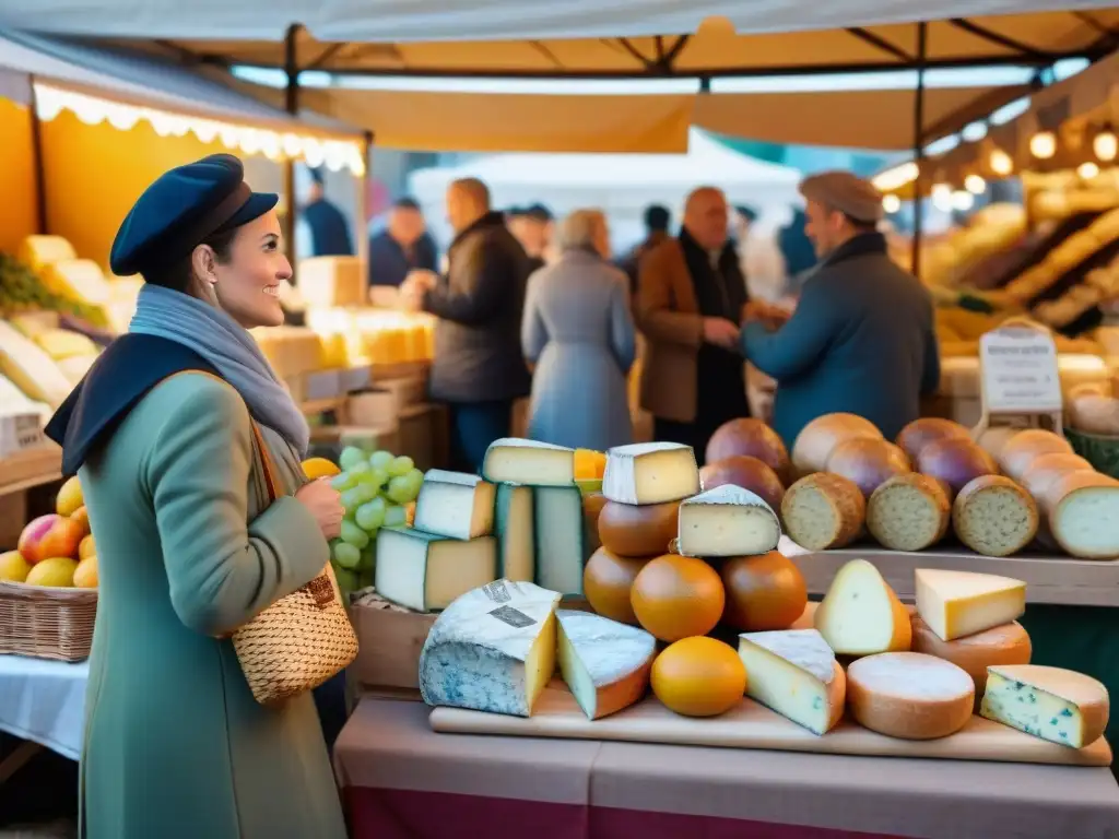 Un bullicioso mercado francés con una variedad de quesos, vinos y frutas