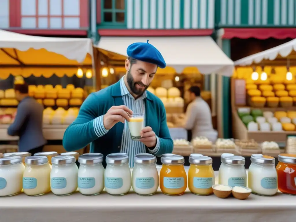 Un bullicioso mercado francés con yogures y kéfirs artesanales