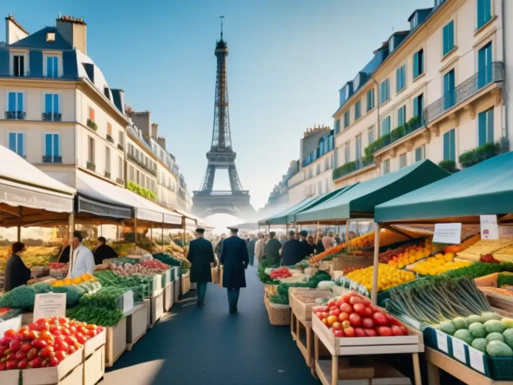 Un bullicioso mercado de granjeros franceses en la mañana soleada, con ingredientes locales en gastronomía francesa