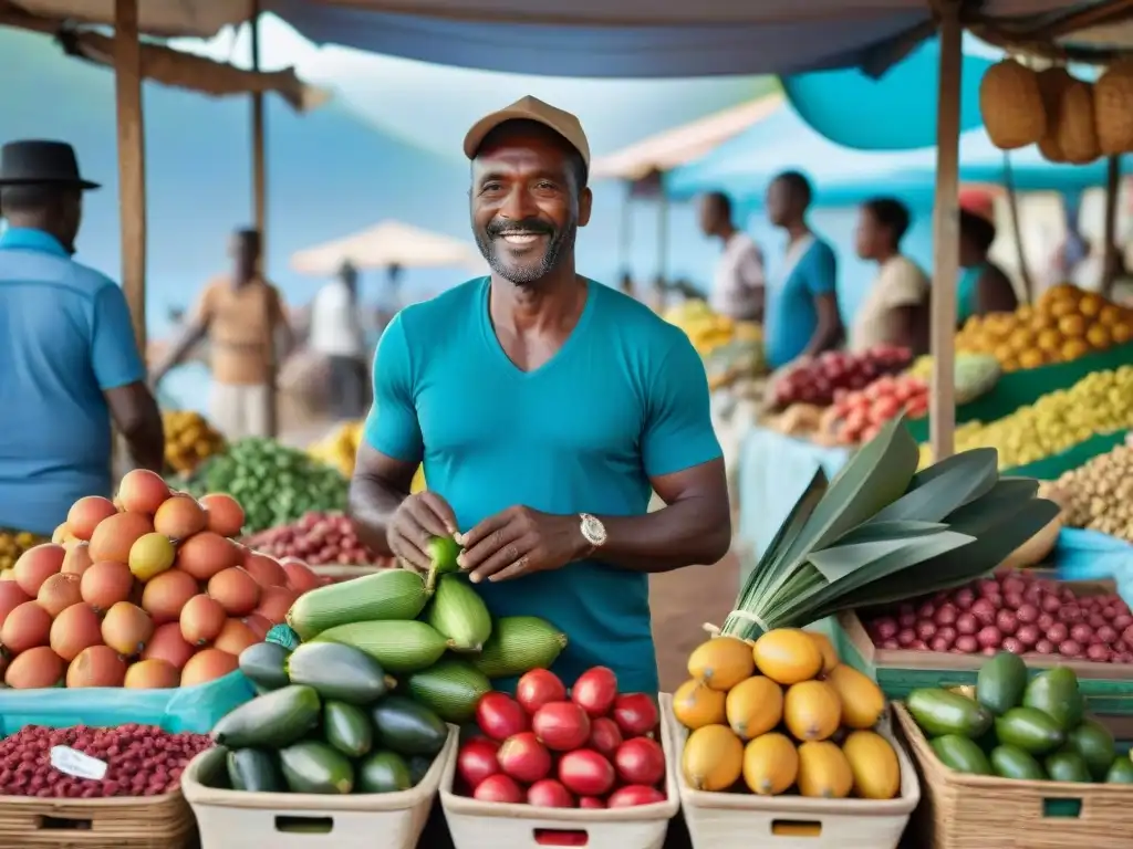 Un bullicioso mercado local en Mayotte, con puestos vibrantes de frutas, verduras y especias