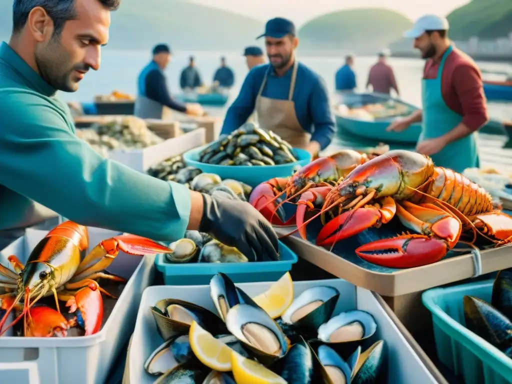 Un bullicioso mercado de mariscos francés en la costa de Bretaña con pescadores descargando su captura del día