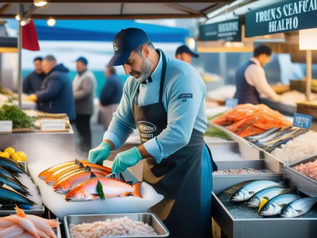 Un bullicioso mercado de mariscos francés con una amplia variedad de mariscos frescos y coloridos en camas de hielo