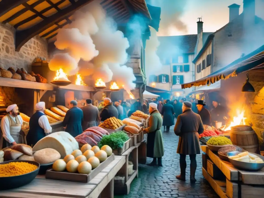 Un bullicioso mercado medieval en Francia con delicias gastronómicas únicas y vendedores en trajes de época