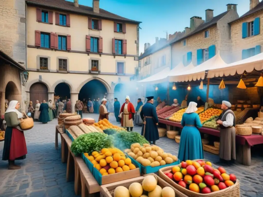 Un bullicioso mercado medieval en Francia con vendedores ofreciendo frutas, verduras y especias coloridas