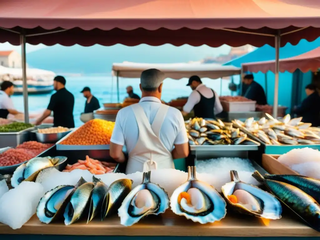 Un bullicioso mercado mediterráneo de mariscos, con pescados frescos y letreros en español y francés