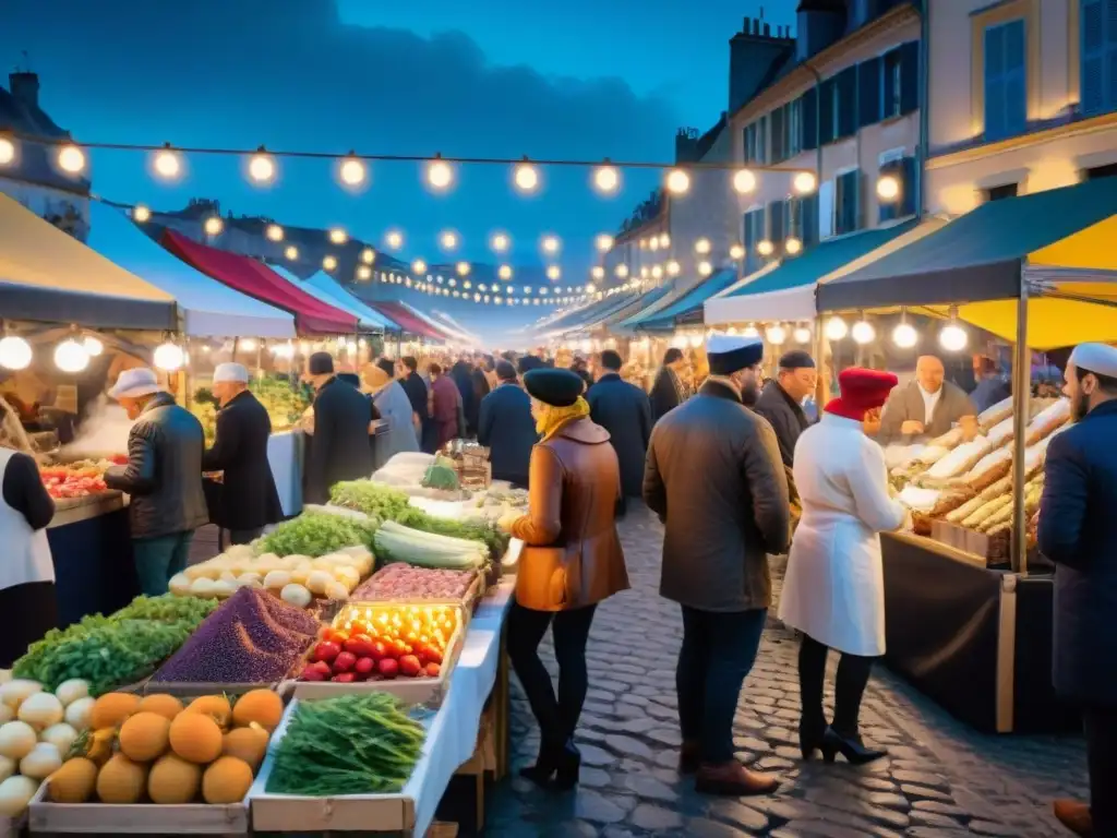 Un bullicioso mercado nocturno en Francia, iluminado por luces parpadeantes, con puestos de productos frescos y chefs preparando platos clásicos