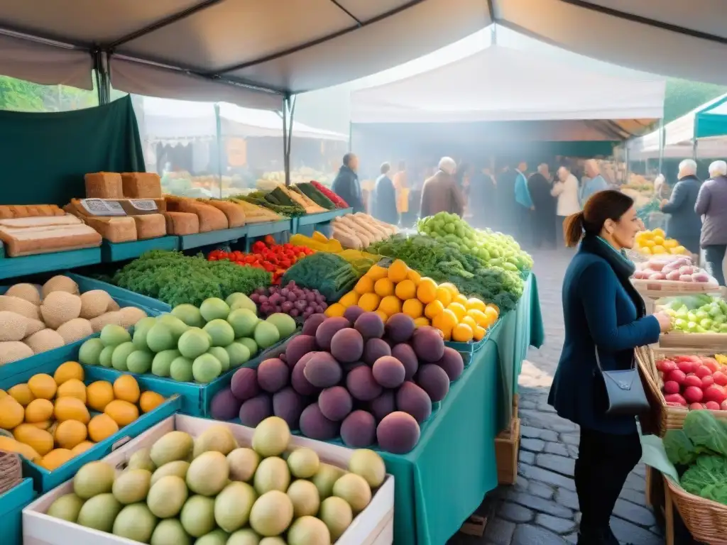 Un bullicioso mercado orgánico en Normandía, Francia, con coloridas frutas y verduras bajo toldos blancos