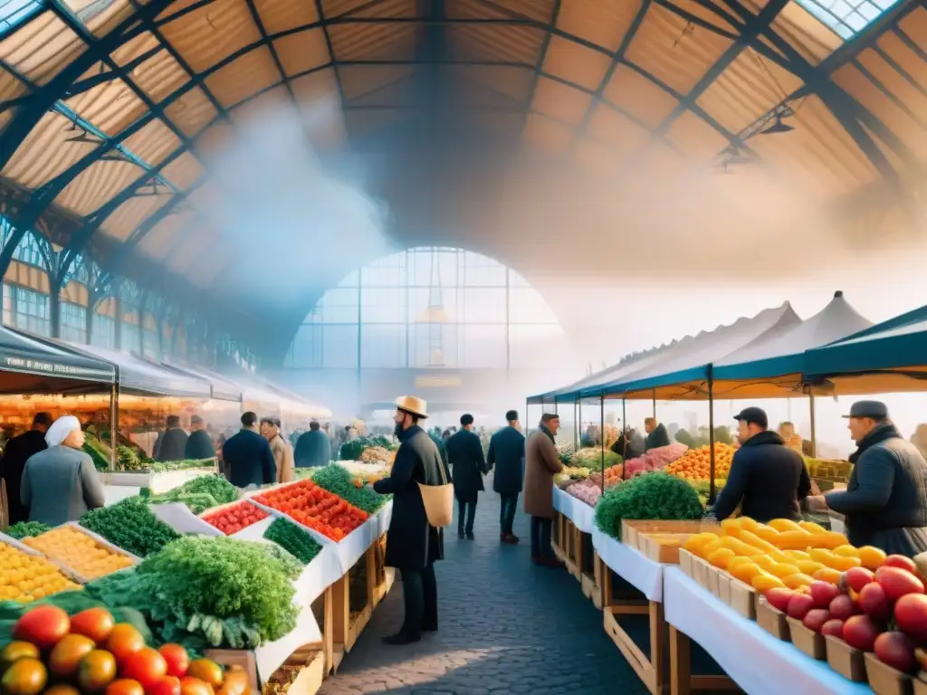 Un bullicioso mercado parisino con prácticas culinarias francesas sostenibles y coloridos productos locales