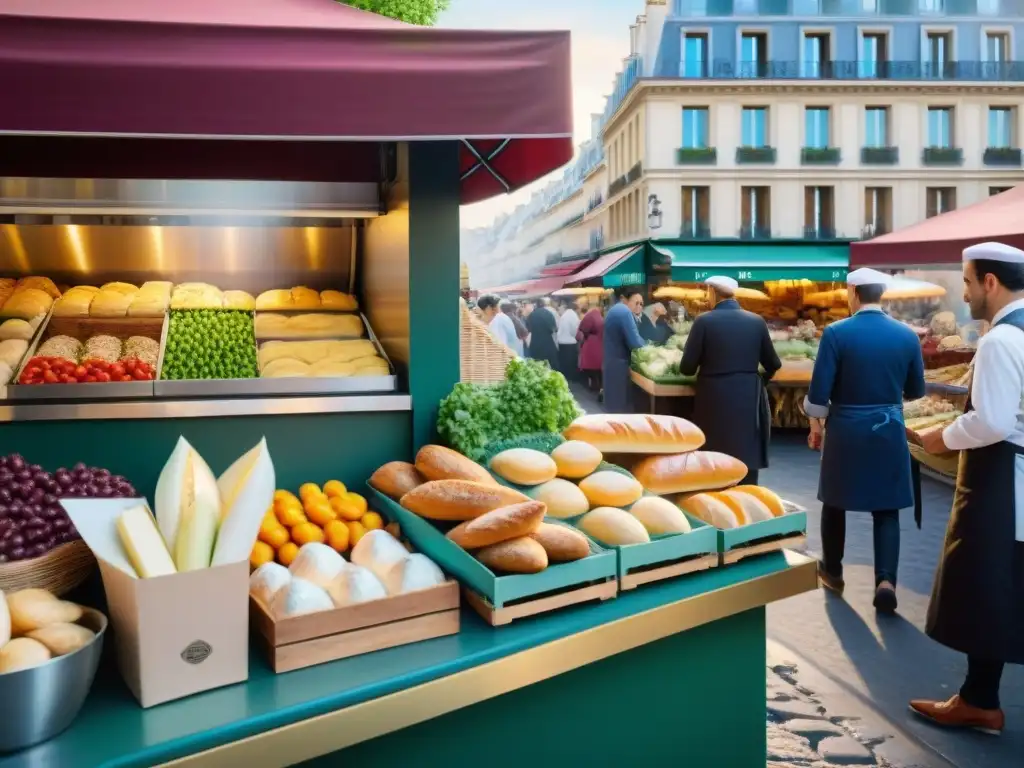 Un bullicioso mercado parisino con productos frescos y coloridos, reflejo de la influencia gastronómica francesa en cocina