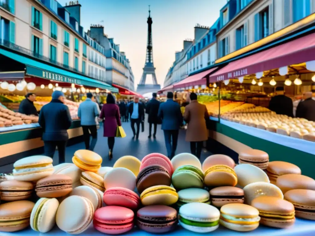 Un bullicioso mercado parisino con productos frescos y la Torre Eiffel de fondo