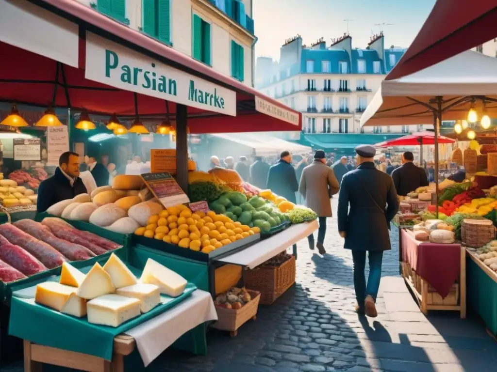 Un bullicioso mercado parisino con productos frescos, flores coloridas y deliciosos quesos y embutidos franceses