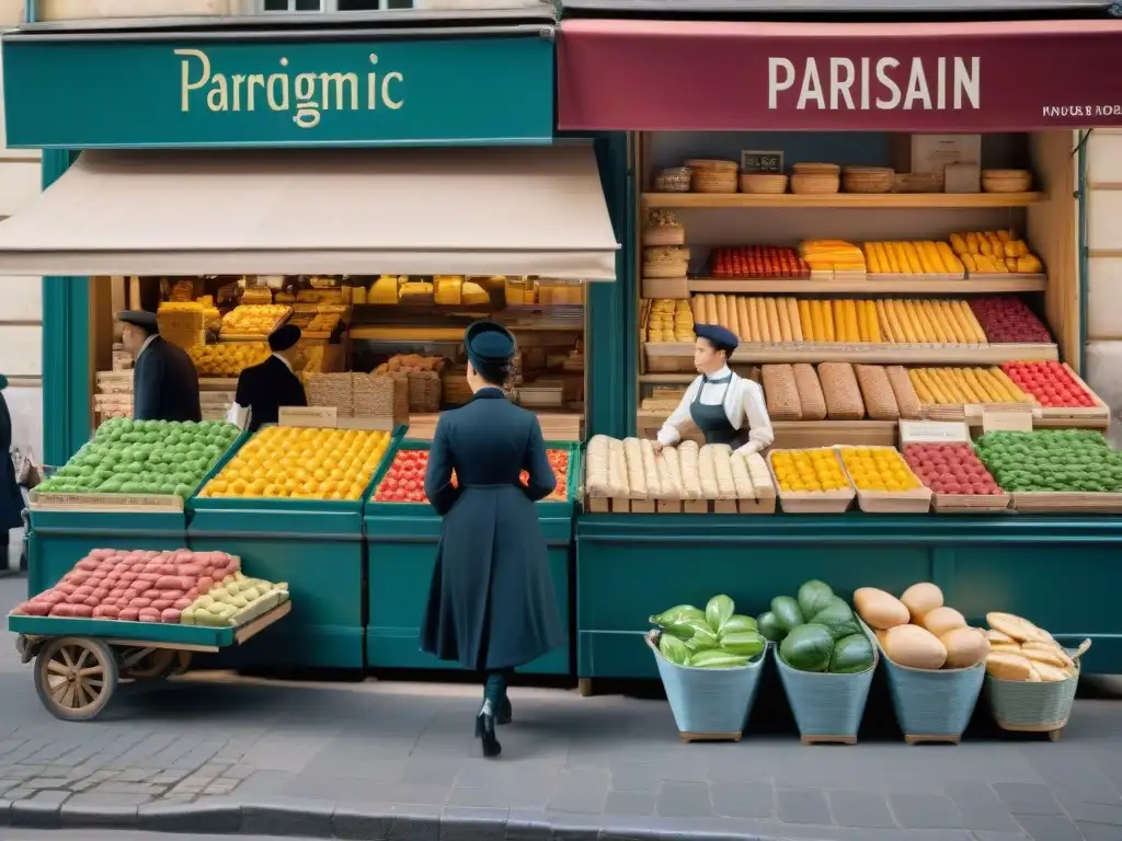 En el bullicioso mercado parisino del siglo XIX, se exhiben recetas tradicionales de la gastronomía francesa