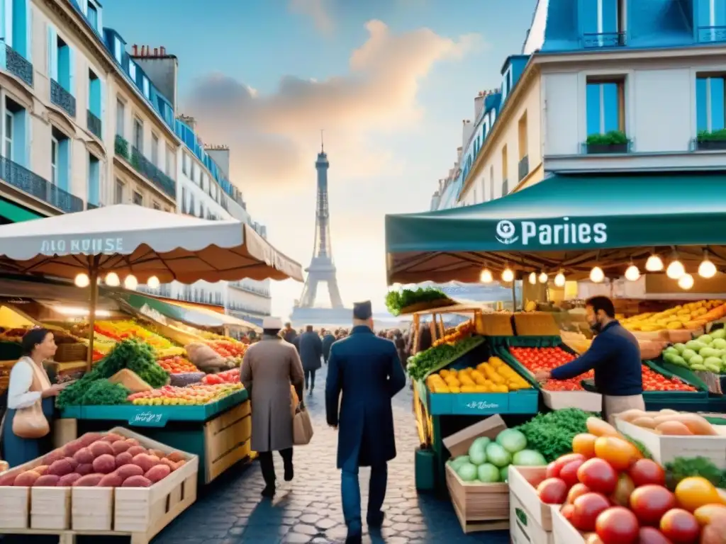 Un bullicioso mercado parisino con vegetales frescos y la Torre Eiffel de fondo