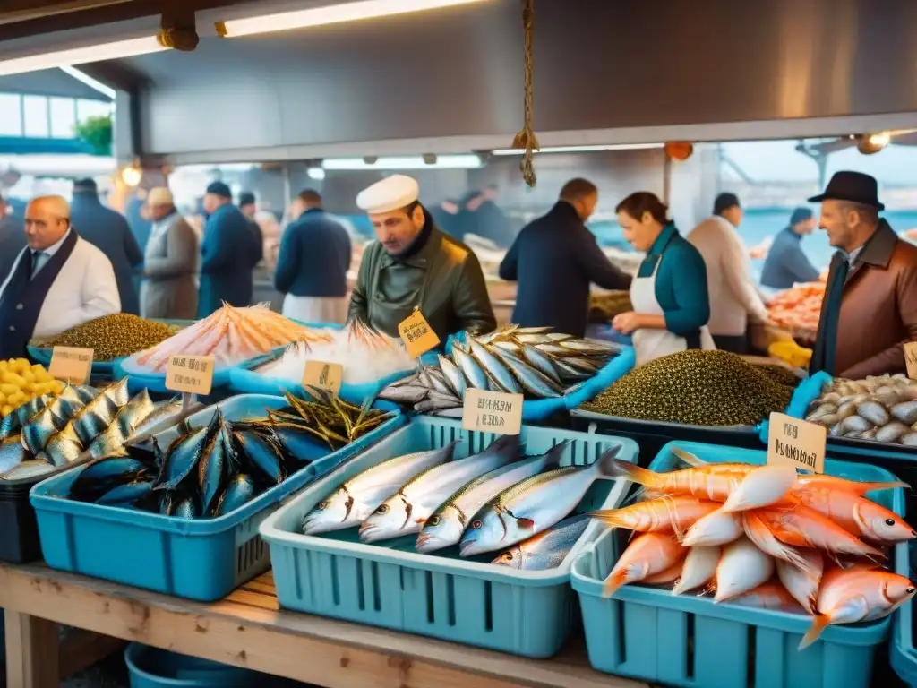 Un bullicioso mercado de pescado en Francia con una gran variedad de mariscos frescos