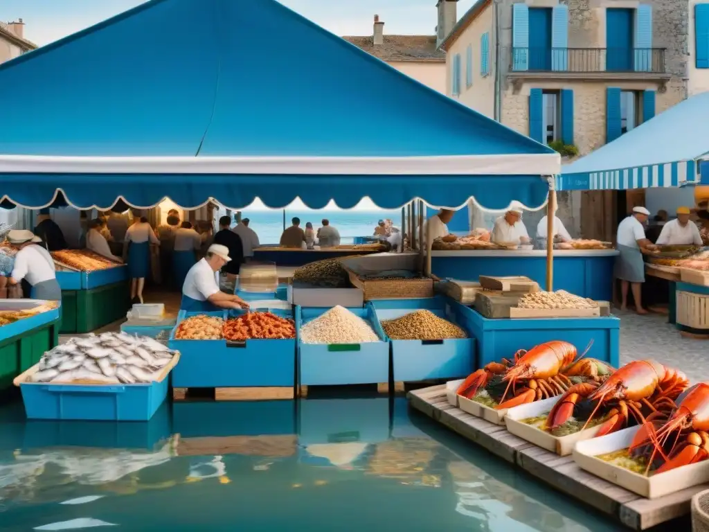 Un bullicioso mercado de pescado en una pintoresca ciudad costera francesa, mostrando una variedad de mariscos frescos