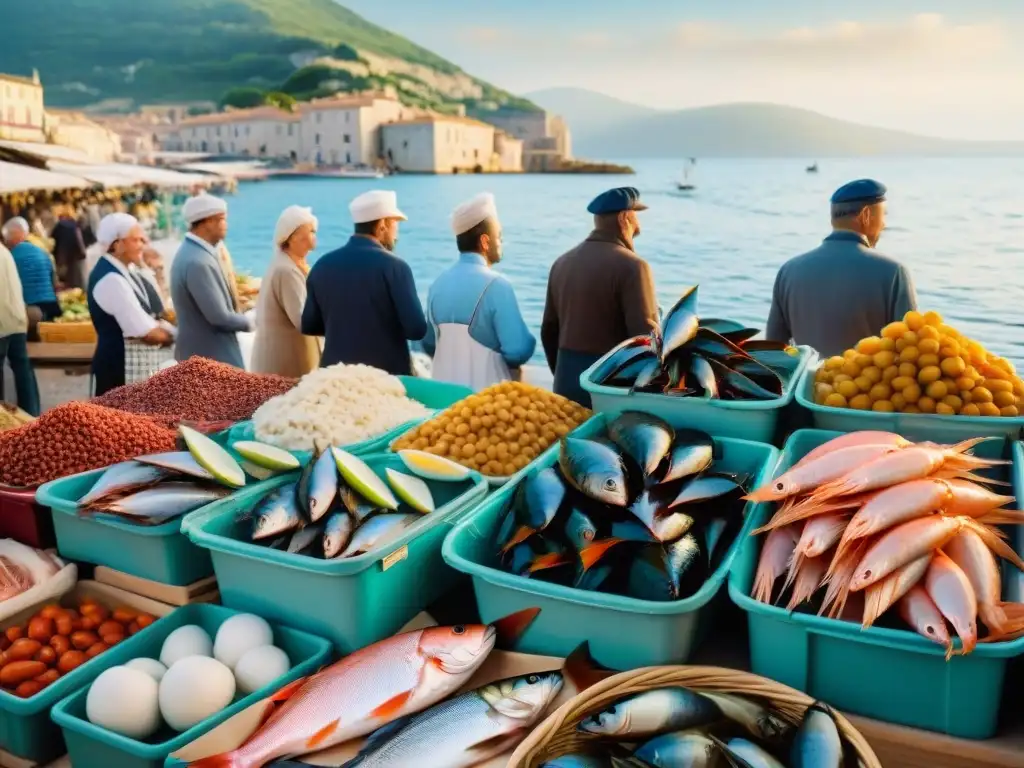 Un bullicioso mercado de pescado provenzal con mariscos frescos