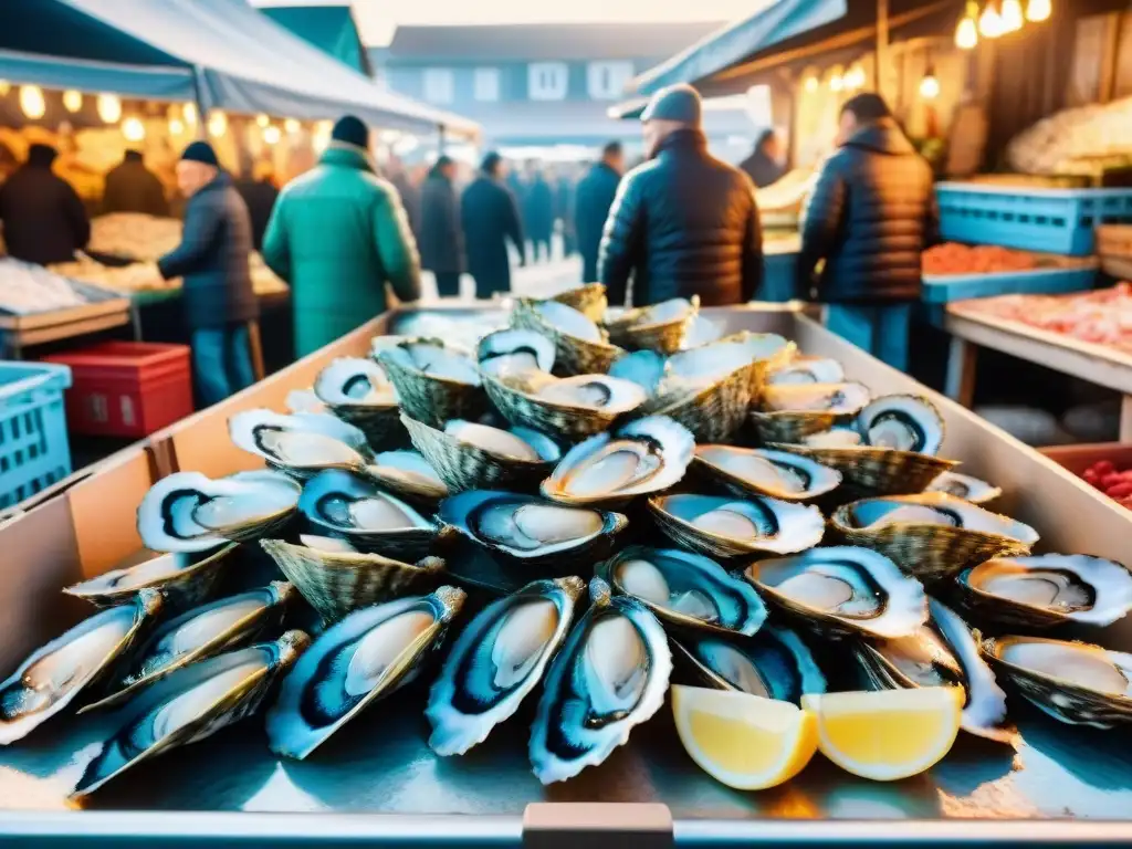 Un bullicioso mercado de pescado en Francia, con variedad de mariscos frescos en camas de hielo