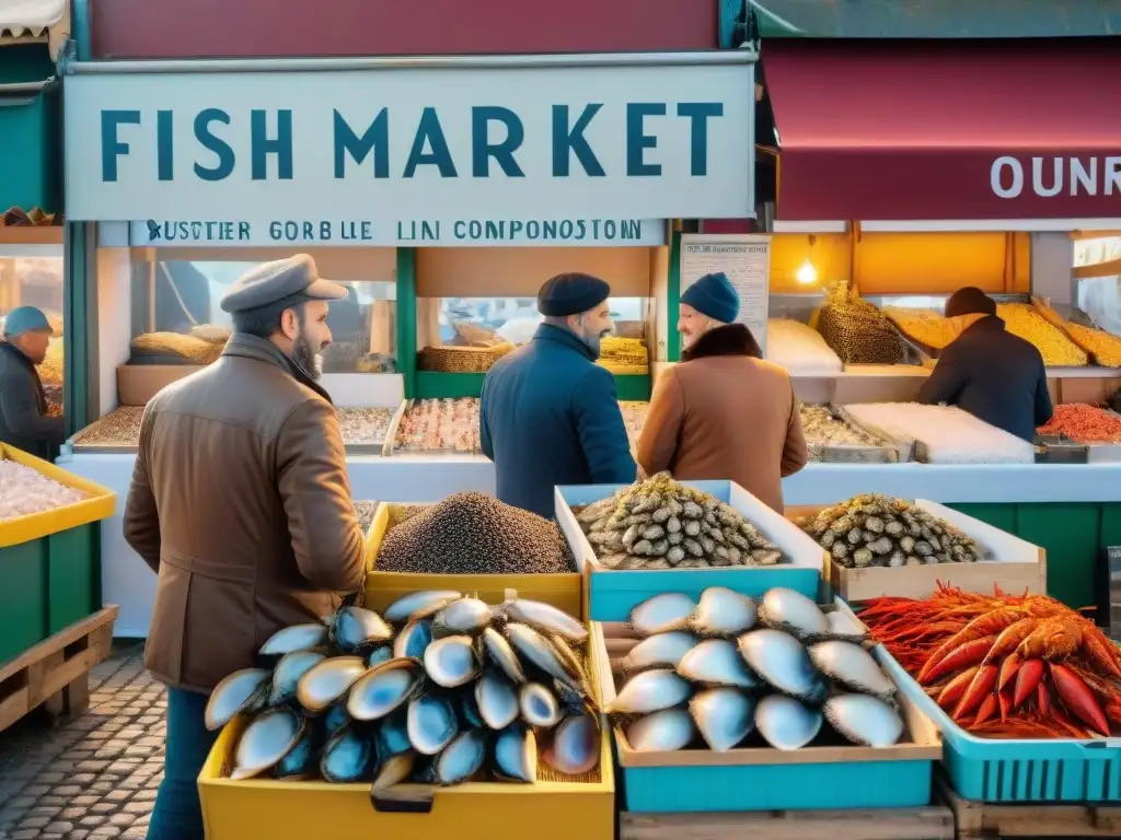 Un bullicioso mercado de pescado en Francia con vendedores y clientes interactuando