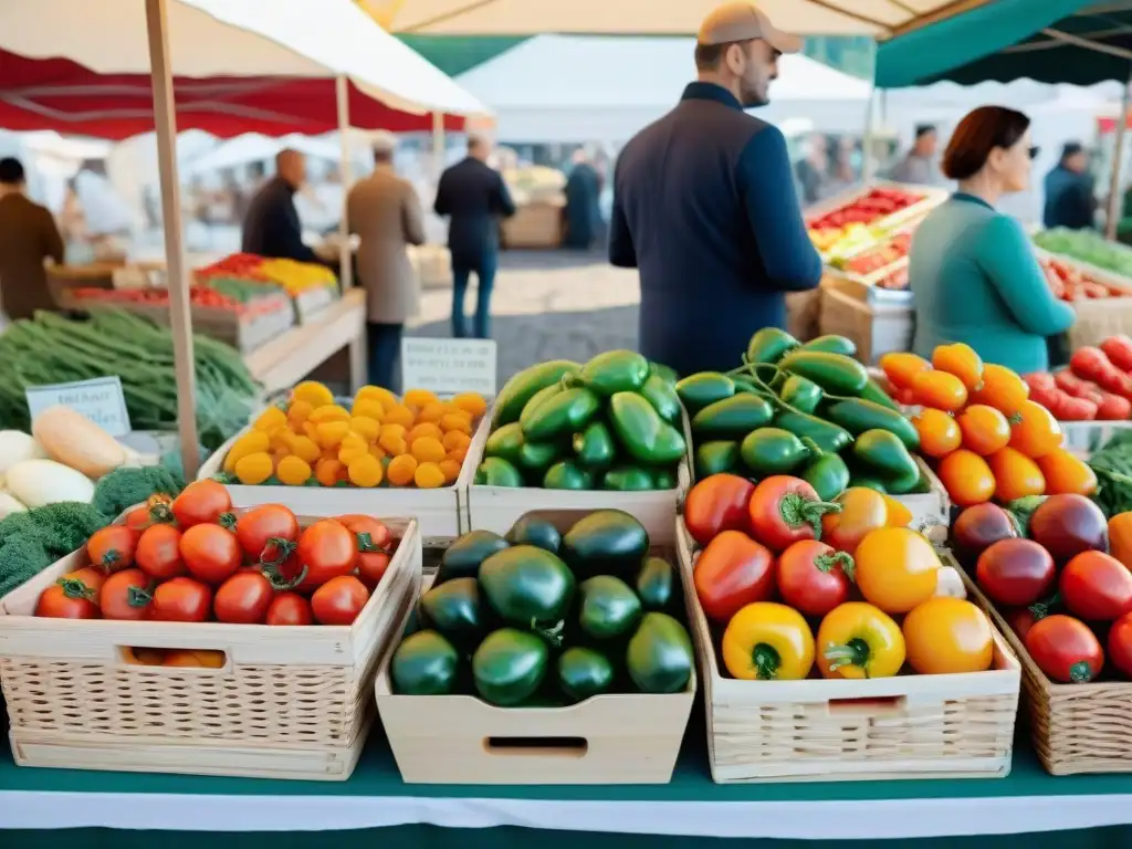 Un bullicioso mercado agrícola francés en una plaza, con productos frescos y platos tradicionales franceses modernos