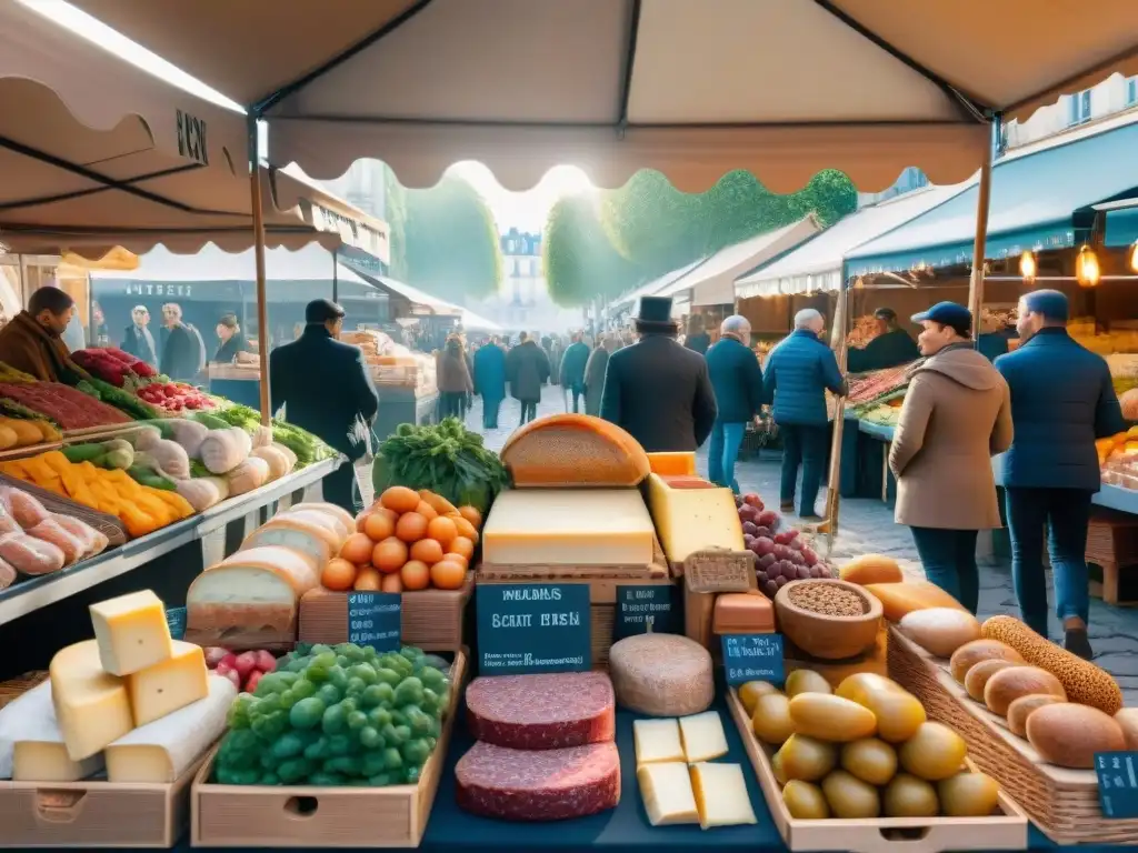 Un bullicioso mercado en París con productos frescos, quesos artesanales, embutidos y pan recién horneado