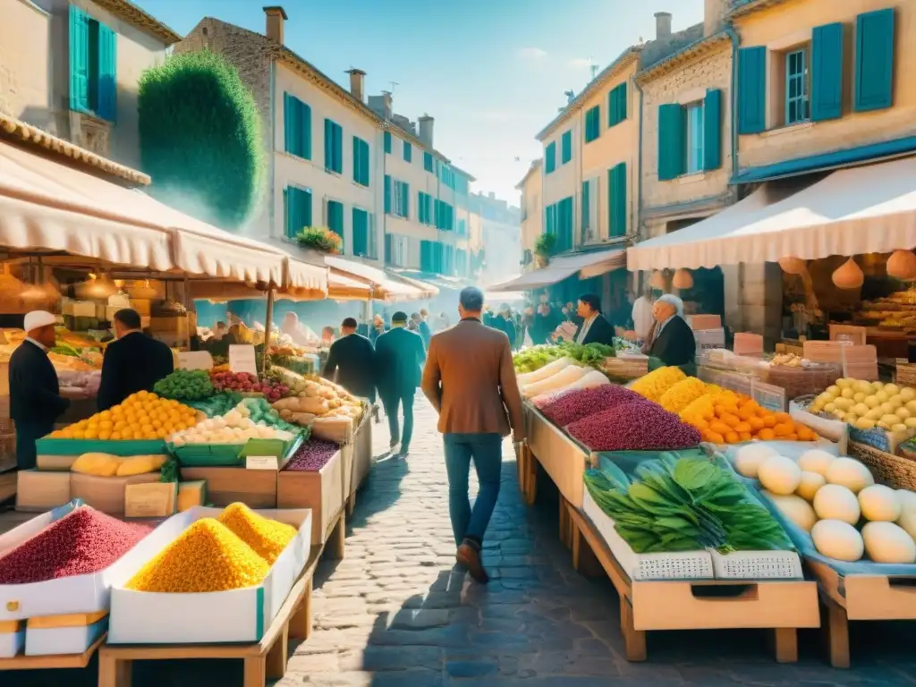 Un bullicioso mercado de Provenza: influencia italiana en cocina Provenza, colores vibrantes y aromas mediterráneos