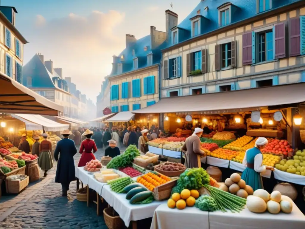 Un bullicioso mercado del siglo XVIII en Francia, con productos frescos y gente diversa en animadas conversaciones