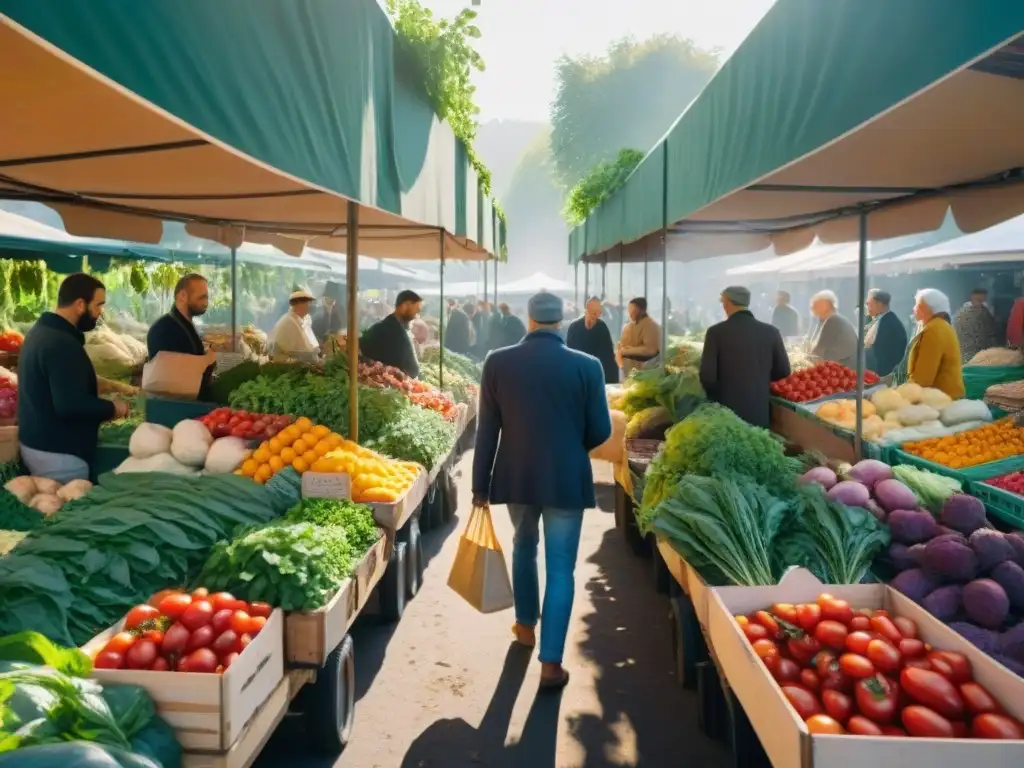 Un bullicioso mercado agrícola en Francia con verduras frescas y coloridas