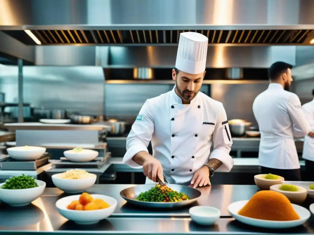 Cocina francesa moderna: innovación y tradición en armonía Un bullicioso y moderno restaurante francés con chefs en acción y herramientas digitales para chefs franceses