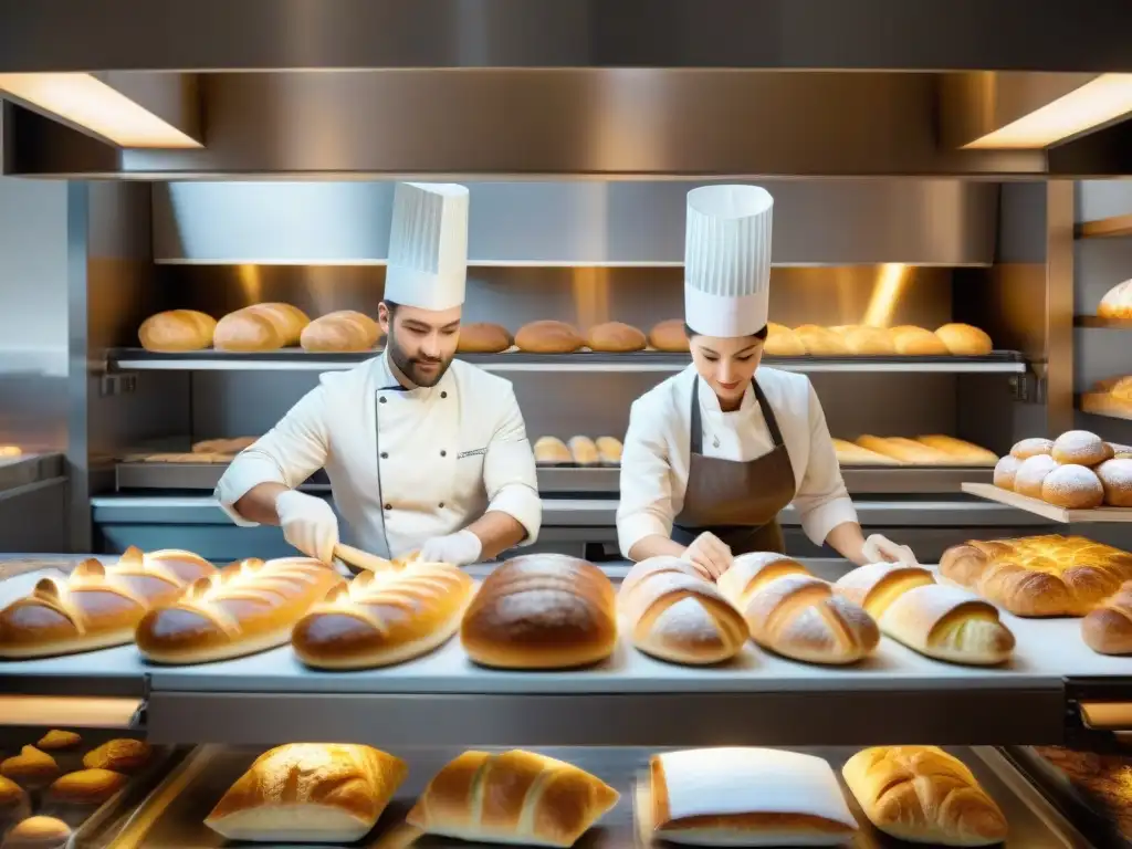 Un bullicioso bakery francés moderno, fusionando técnicas tradicionales con Aplicaciones para panadería francesa